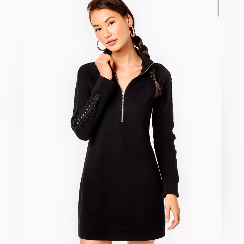 Lilly Pulitzer Skipper Solid Black Popover Dress Lace Trim Sleeves Size Small